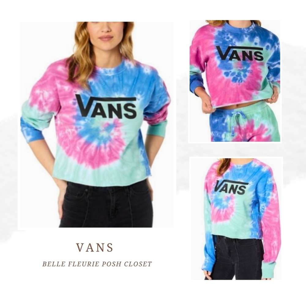 NWT Vans Long Sleeve Tie Dye Logo Cropped Crewneck Pull Over Sweatshirt